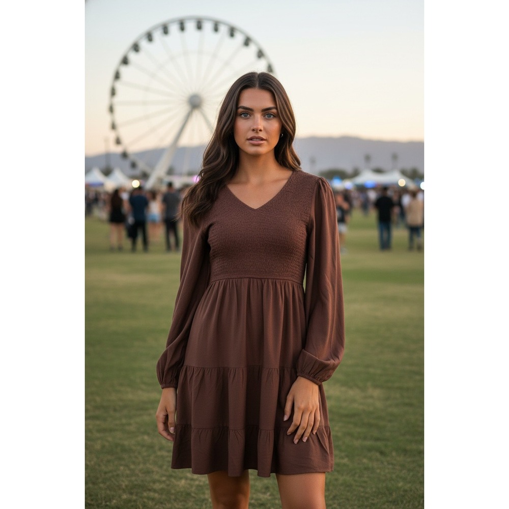 ZESICA Brown Smocked V-Neck Tiered Midi Dress Long Sleeve‎ Lg Boho Babydoll NEW